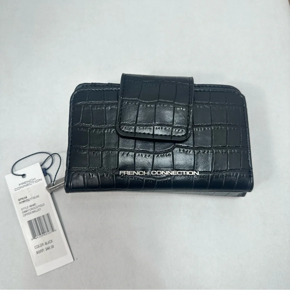 French Connection‎ Emmy Croco Fold Snap Zipper Wallet in Black NWT $48 New